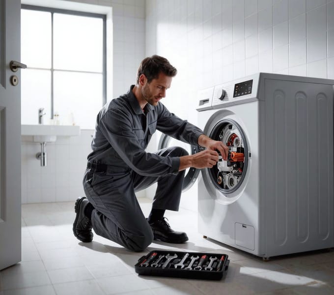 Tecnico durante la riparazione di una lavasciuga a Prato