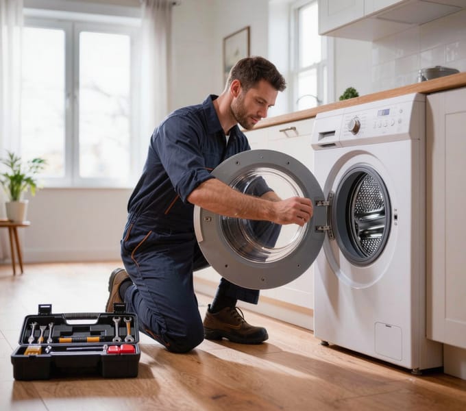 Tecnico durante la riparazione di una lavatrice a domicilio a Prato